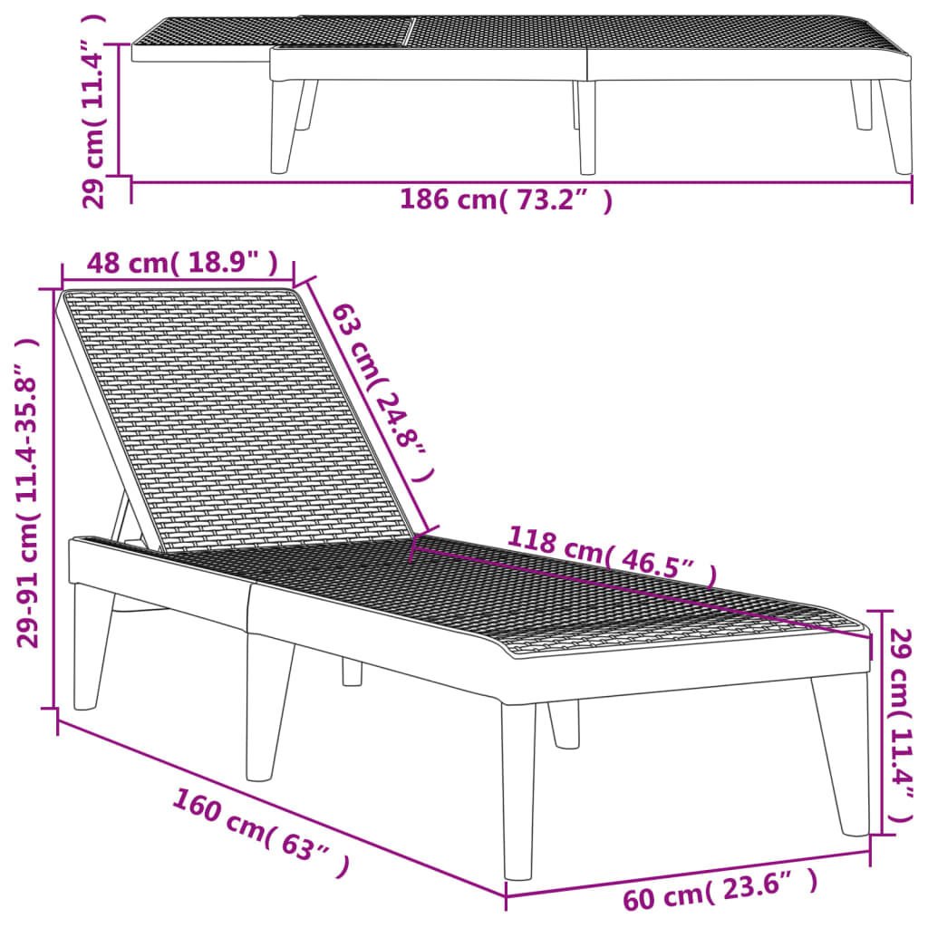 vidaXL Ležaljka za sunčanje antracit 186 x 60 x 29 cm PP