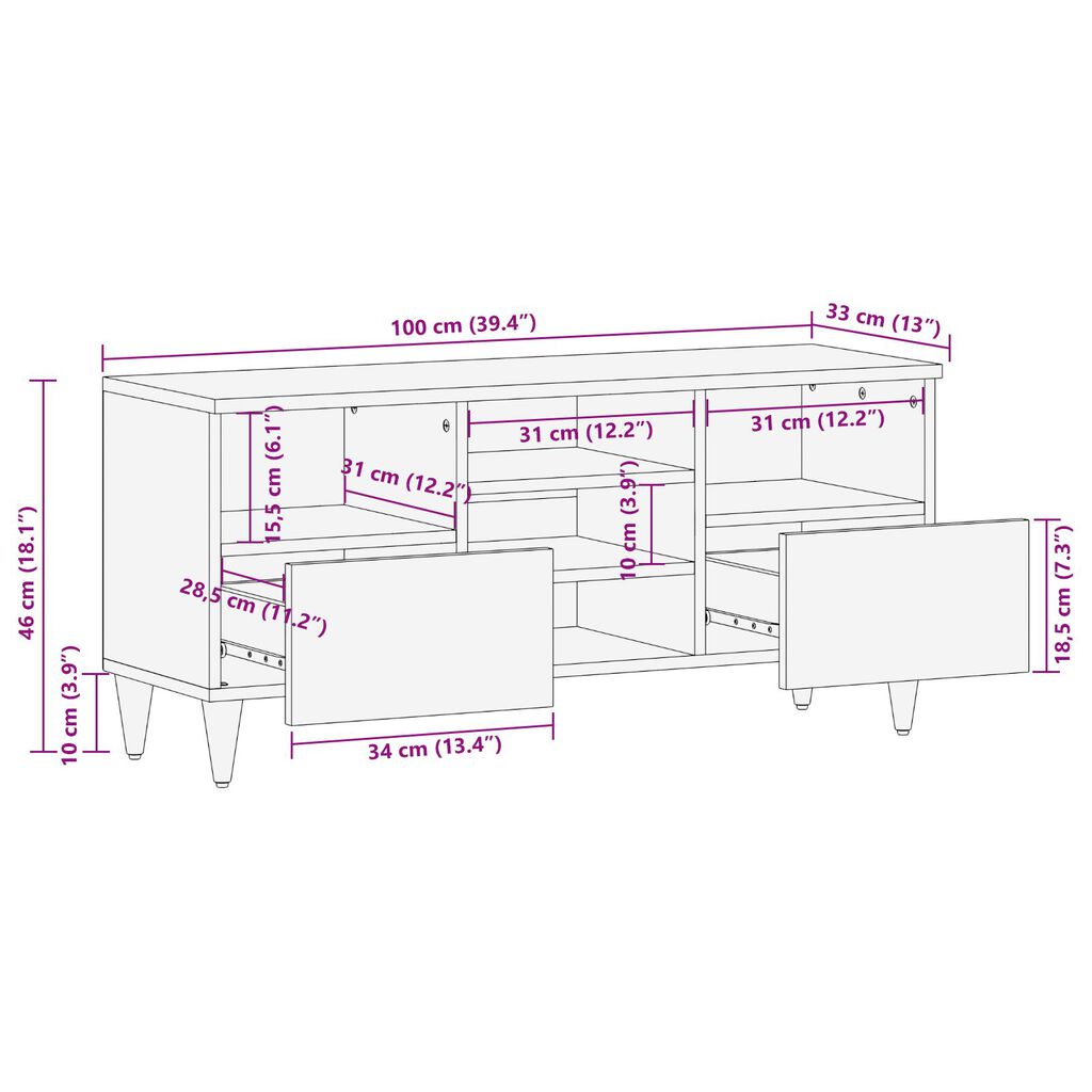 vidaXL TV Kabinet 100x33x46 cm Od Masivnog Drva Manga